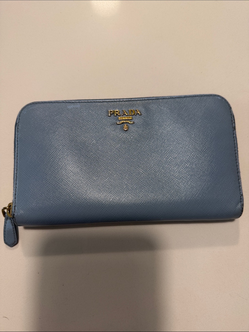 Prada Light Blue Zip-Around Saffiano Leather Wallet